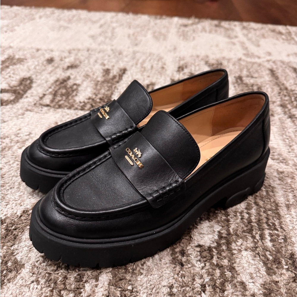 Coach Black Leather Loafers with Gold Logo
